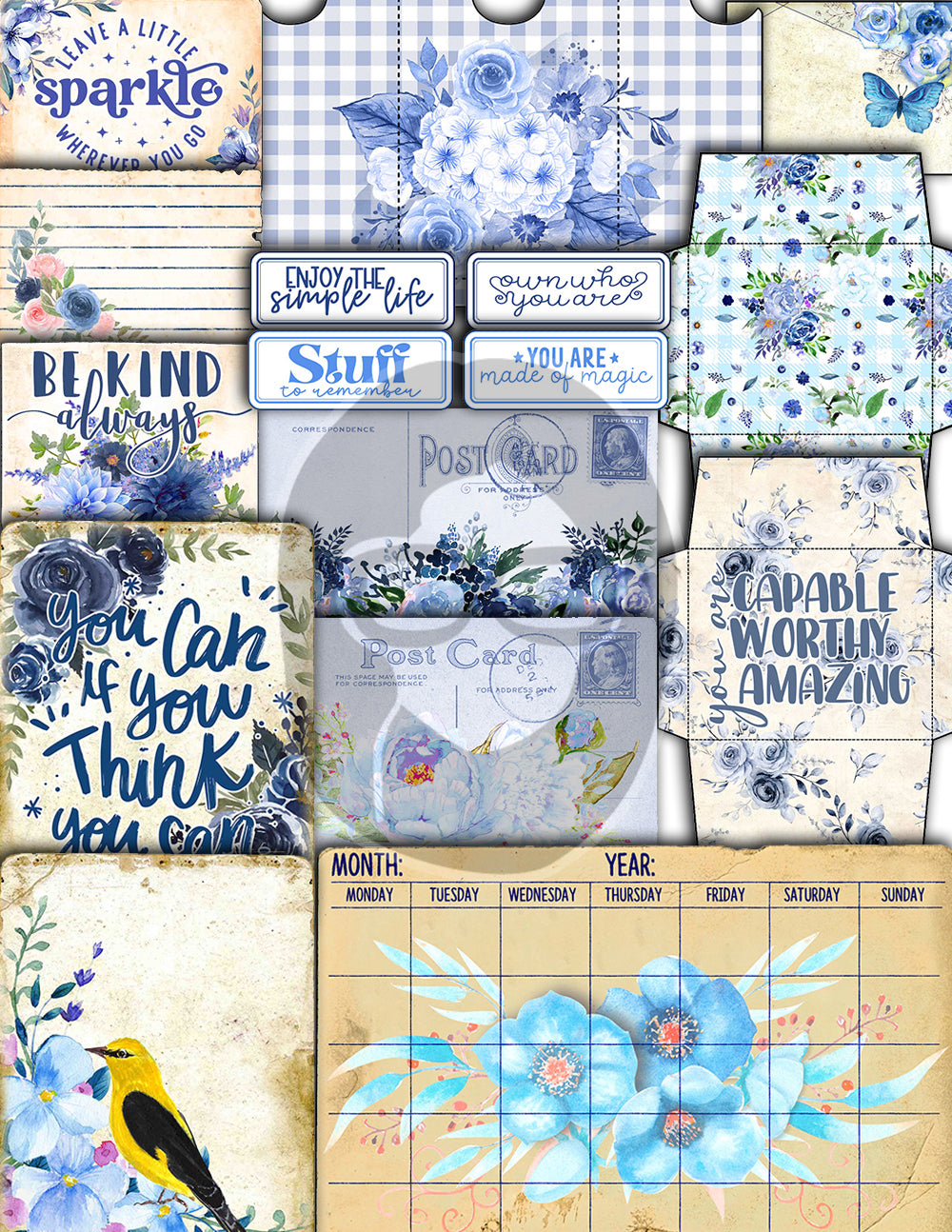 Blue Digital Paper, Printable Journal Bundle -40pg Digital Download- Affirmations Kit, Positive Quotes, Journaling Ephemera, For Women