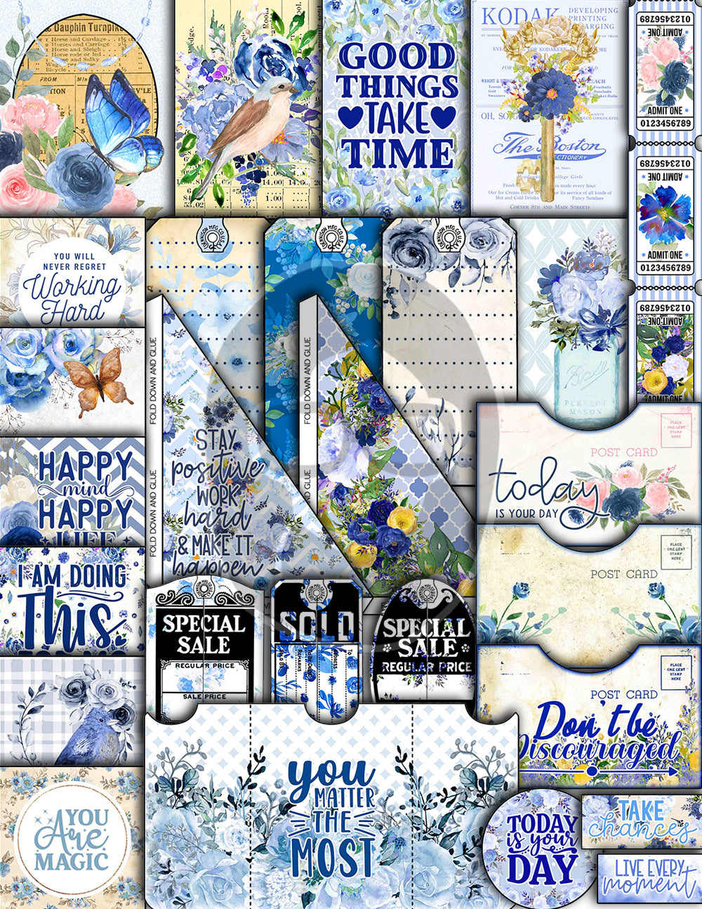 Blue Digital Paper, Printable Journal Bundle -40pg Digital Download- Affirmations Kit, Positive Quotes, Journaling Ephemera, For Women