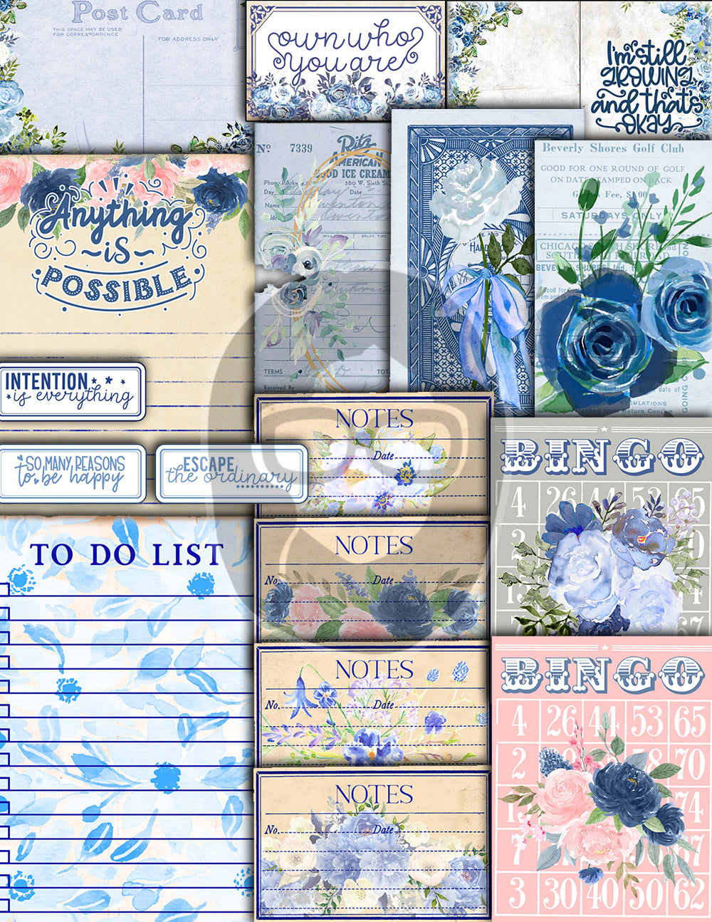 Blue Digital Paper, Printable Journal Bundle -40pg Digital Download- Affirmations Kit, Positive Quotes, Journaling Ephemera, For Women