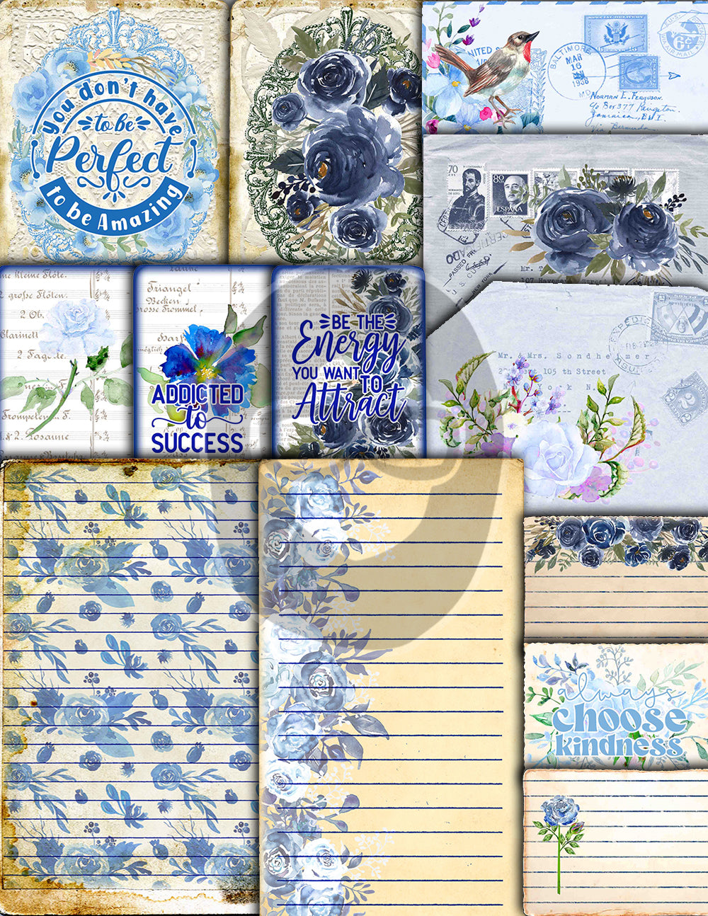 Blue Digital Paper, Printable Journal Bundle -40pg Digital Download- Affirmations Kit, Positive Quotes, Journaling Ephemera, For Women