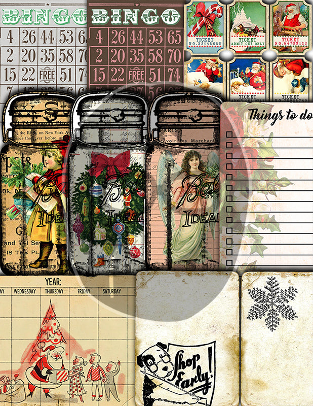 Christmas Ephemera, Junk Journal Kit -52pg Digital Download- Tags, Jars, Note Cards, To do List, Retro Santa Claus, December Daily Kit
