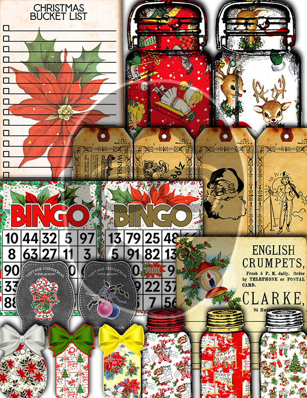 Christmas Ephemera, Junk Journal Kit -52pg Digital Download- Tags, Jars, Note Cards, To do List, Retro Santa Claus, December Daily Kit