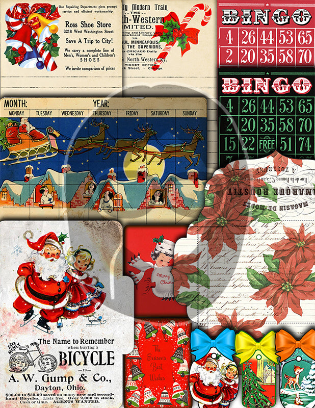 Christmas Ephemera, Junk Journal Kit -52pg Digital Download- Tags, Jars, Note Cards, To do List, Retro Santa Claus, December Daily Kit