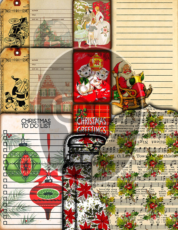 Christmas Ephemera, Junk Journal Kit -52pg Digital Download- Tags, Jars, Note Cards, To do List, Retro Santa Claus, December Daily Kit