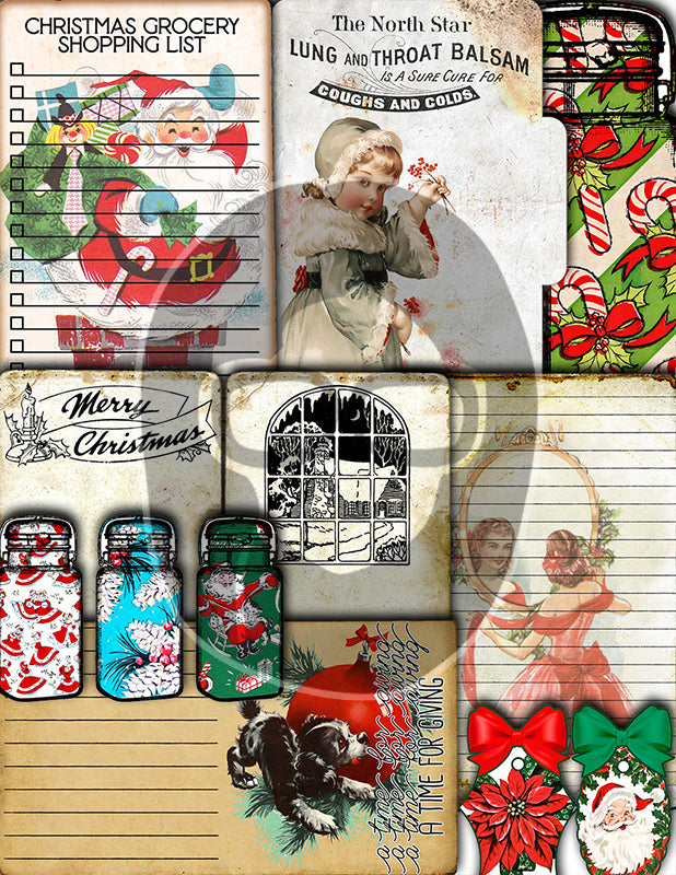 Christmas Ephemera, Junk Journal Kit -52pg Digital Download- Tags, Jars, Note Cards, To do List, Retro Santa Claus, December Daily Kit