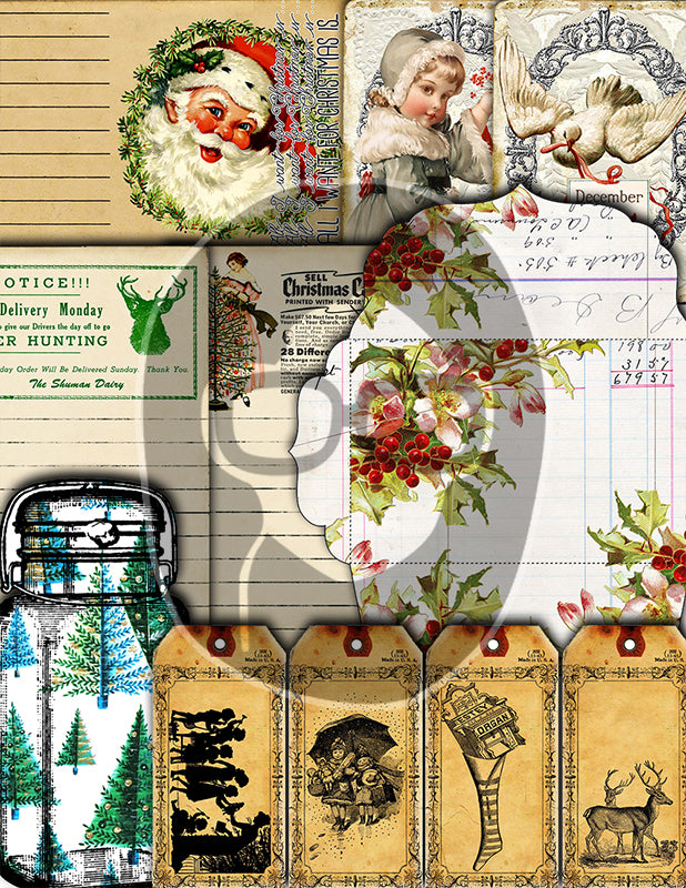 Christmas Ephemera, Junk Journal Kit -52pg Digital Download- Tags, Jars, Note Cards, To do List, Retro Santa Claus, December Daily Kit