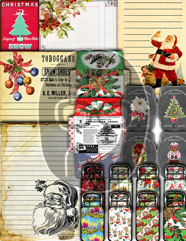 Christmas Ephemera, Junk Journal Kit -52pg Digital Download- Tags, Jars, Note Cards, To do List, Retro Santa Claus, December Daily Kit