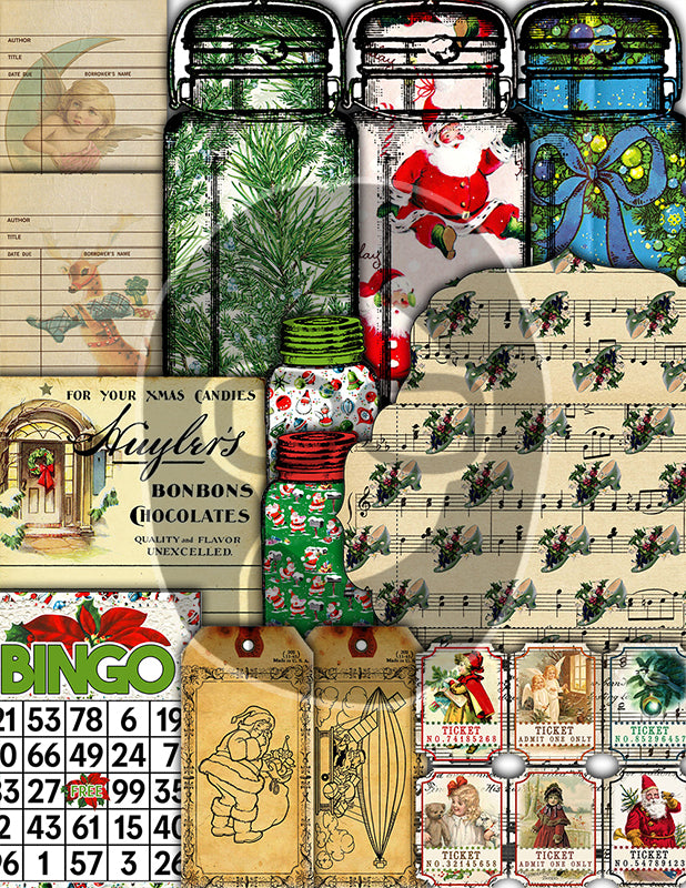 Christmas Junk Journal Ephemera, Scrapbook Bundle -52pg Digital Download- Retro Santa Claus, Envelopes, Jars, Note Cards, Tickets, Cards