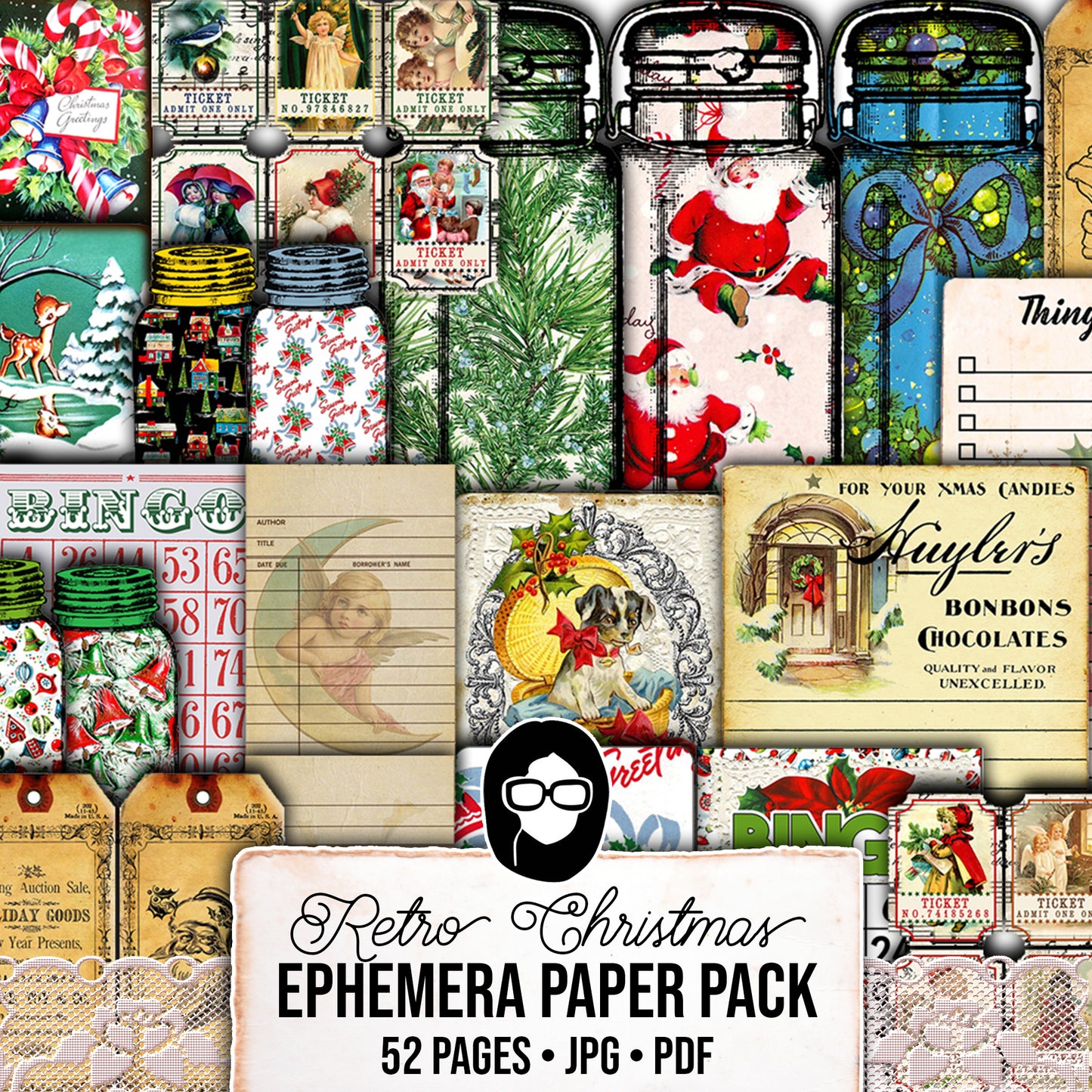 Christmas Junk Journal Ephemera, Scrapbook Bundle -52pg Digital Download- Retro Santa Claus, Envelopes, Jars, Note Cards, Tickets, Cards