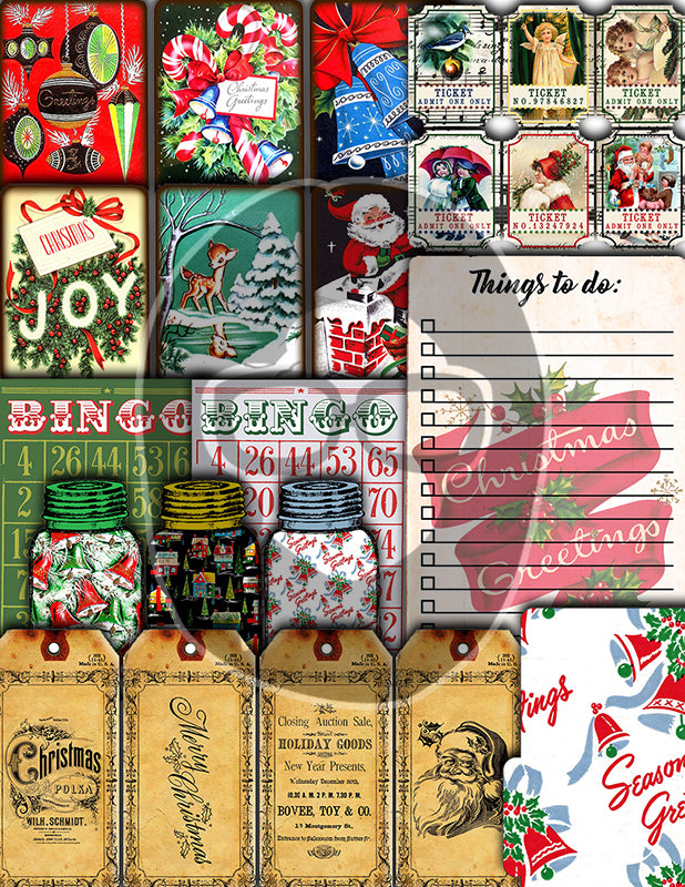 Christmas Junk Journal Ephemera, Scrapbook Bundle -52pg Digital Download- Retro Santa Claus, Envelopes, Jars, Note Cards, Tickets, Cards