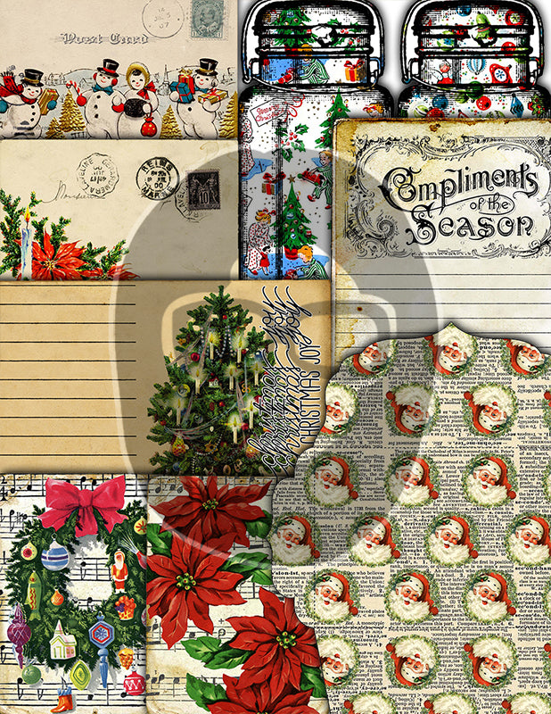 Christmas Junk Journal Ephemera, Scrapbook Bundle -52pg Digital Download- Retro Santa Claus, Envelopes, Jars, Note Cards, Tickets, Cards
