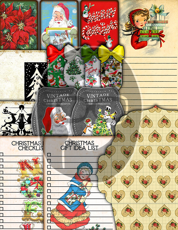 Christmas Junk Journal Ephemera, Scrapbook Bundle -52pg Digital Download- Retro Santa Claus, Envelopes, Jars, Note Cards, Tickets, Cards