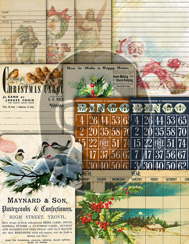 Christmas Junk Journal Ephemera, Scrapbook Bundle -52pg Digital Download- Retro Santa Claus, Envelopes, Jars, Note Cards, Tickets, Cards