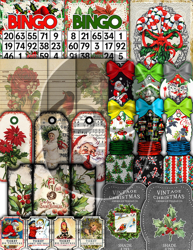 Christmas Junk Journal Ephemera, Scrapbook Bundle -52pg Digital Download- Retro Santa Claus, Envelopes, Jars, Note Cards, Tickets, Cards
