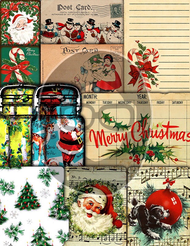 Christmas Junk Journal Ephemera, Scrapbook Bundle -52pg Digital Download- Retro Santa Claus, Envelopes, Jars, Note Cards, Tickets, Cards
