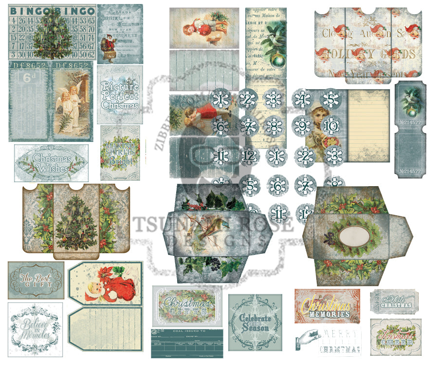 Junk Journal Kit - Christmas Gift - 27 Pg Instant Download - Holiday Holly Xmas vintage junk journal, Elegant Blue Winter Journal kit diy