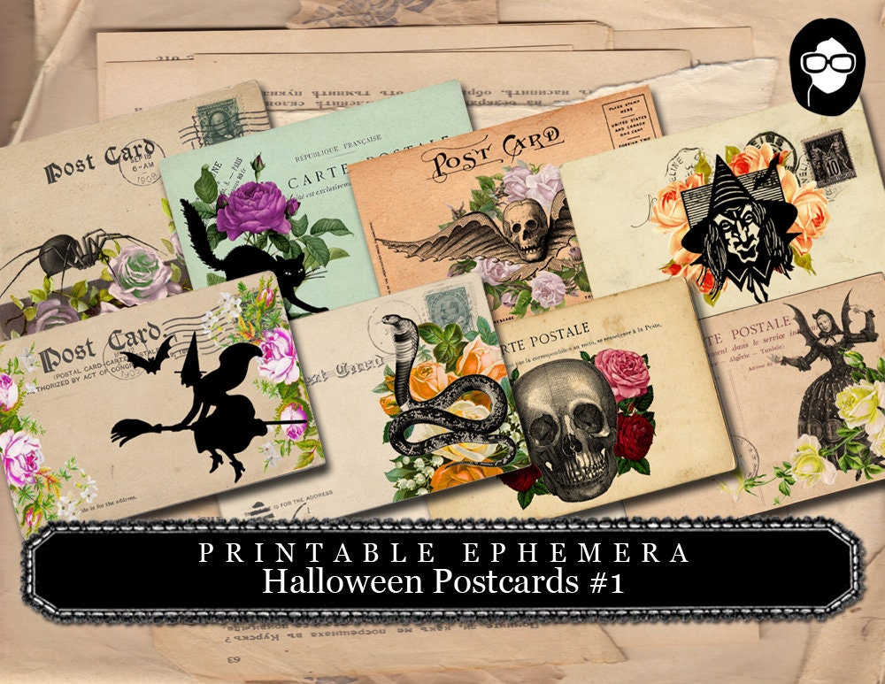 Halloween Cliparts - Halloween Postcards #1 - 2 Page Instant Download - spooky digital paper, journaling cards, clip art halloween