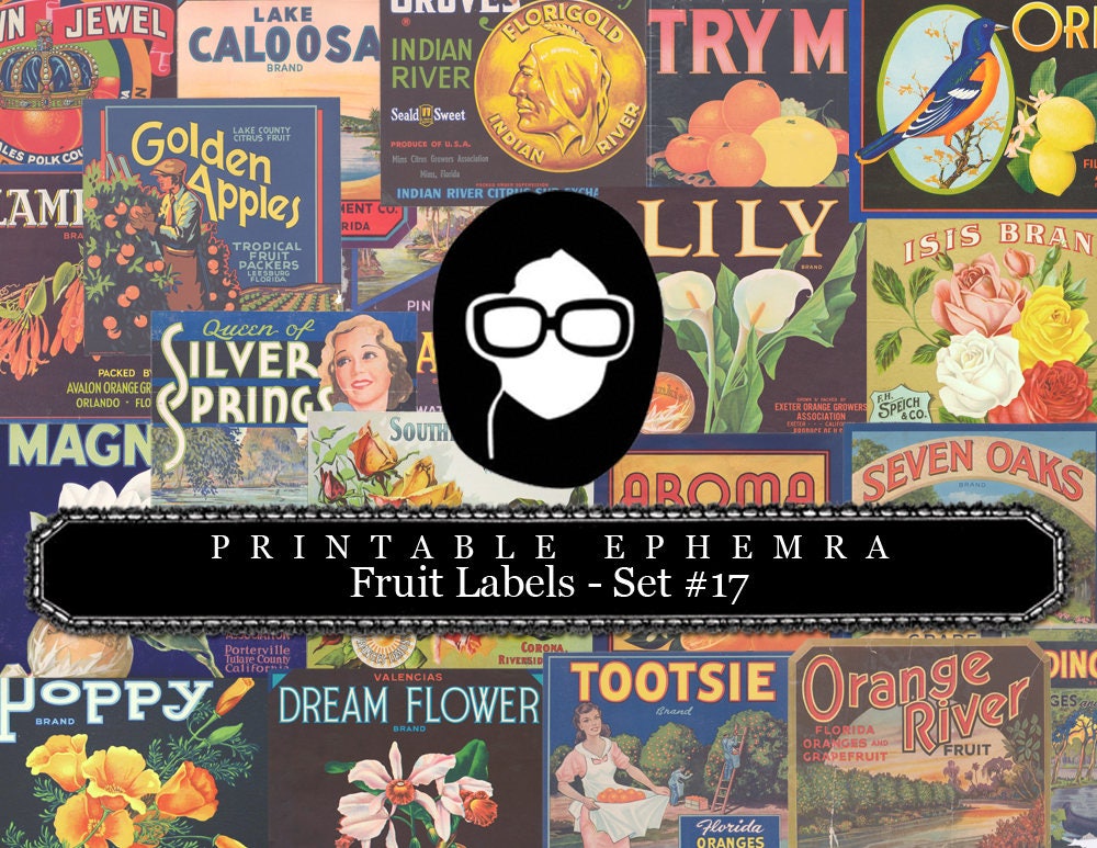 Ephemera Pack - Printable Ephemera Set #17 - Fruit Labels - 25 Page Instant Download - junk journal kit, fruit art, ephemera paper pack