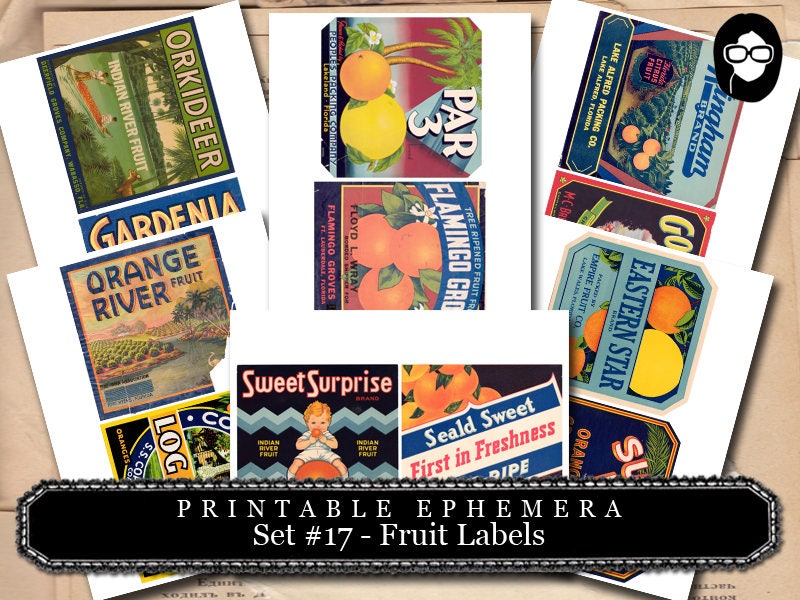 Ephemera Pack - Printable Ephemera Set #17 - Fruit Labels - 25 Page Instant Download - junk journal kit, fruit art, ephemera paper pack