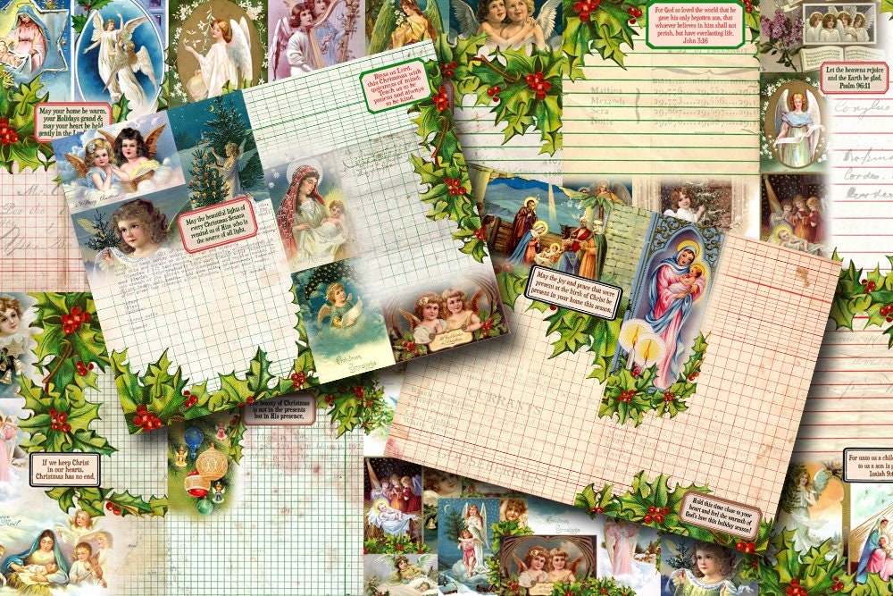 Christian Christmas Junk Journal Pages - 10 Pg download - faith prayer journal printable paper, Xmas bible scripture journaling digital kit
