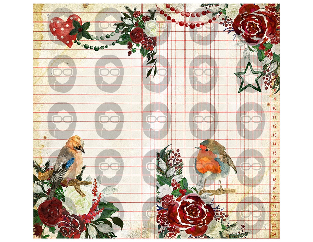 Elegant Christmas Roses Traveler's Notebook Pages #73 - 9 Pg download - Elegant Journal Paper, Midori Holiday Red Green Journaling Kit