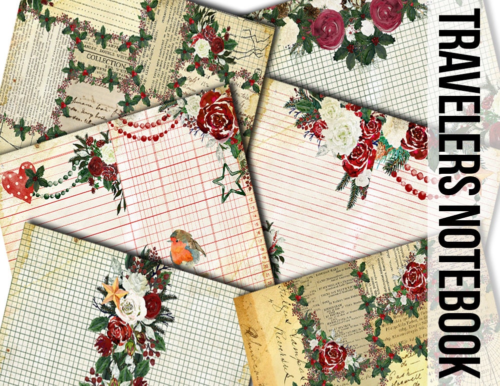 Elegant Christmas Roses Traveler's Notebook Pages #73 - 9 Pg download - Elegant Journal Paper, Midori Holiday Red Green Journaling Kit
