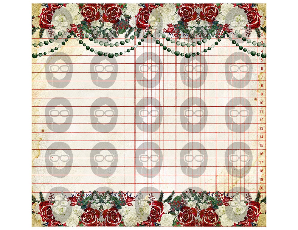 Elegant Christmas Roses Traveler's Notebook Pages #73 - 9 Pg download - Elegant Journal Paper, Midori Holiday Red Green Journaling Kit