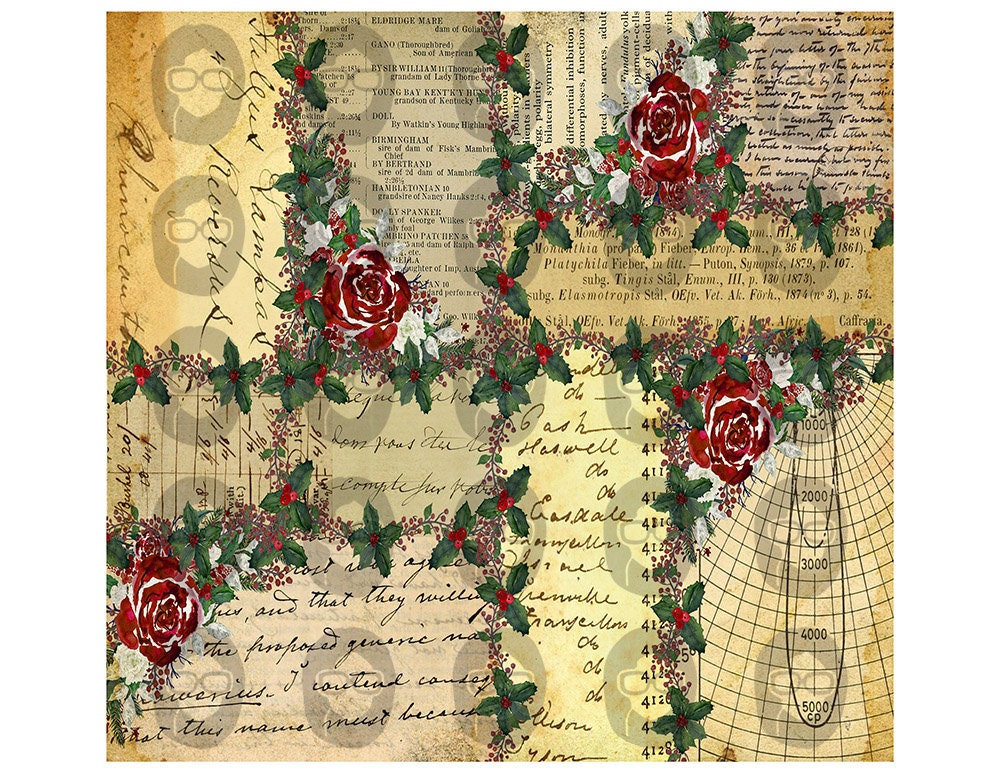 Elegant Christmas Roses Traveler's Notebook Pages #73 - 9 Pg download - Elegant Journal Paper, Midori Holiday Red Green Journaling Kit