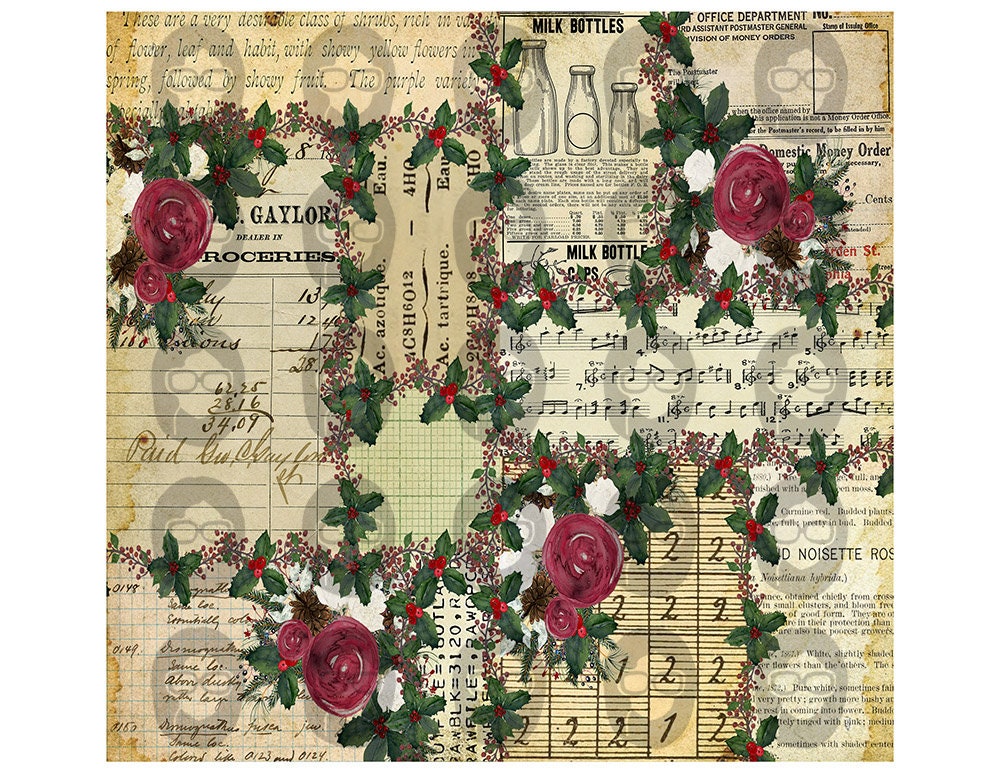 Elegant Christmas Roses Traveler's Notebook Pages #73 - 9 Pg download - Elegant Journal Paper, Midori Holiday Red Green Journaling Kit