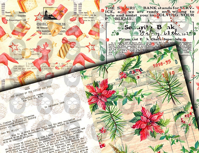 Christmas Junk Journal Pages, Winter digital paper -14pg Digital Download- Poinsettia background,Printable Vintage Christmas,Scrapbook paper