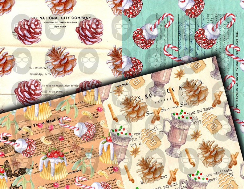Christmas Junk Journal Pages, Winter digital paper -14pg Digital Download- Poinsettia background,Printable Vintage Christmas,Scrapbook paper
