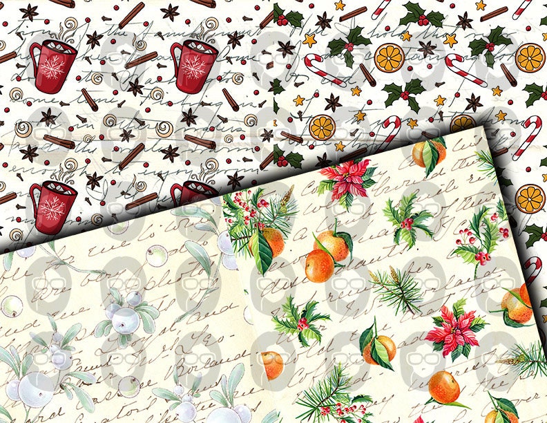 Christmas Junk Journal Pages, Winter digital paper -14pg Digital Download- Poinsettia background,Printable Vintage Christmas,Scrapbook paper