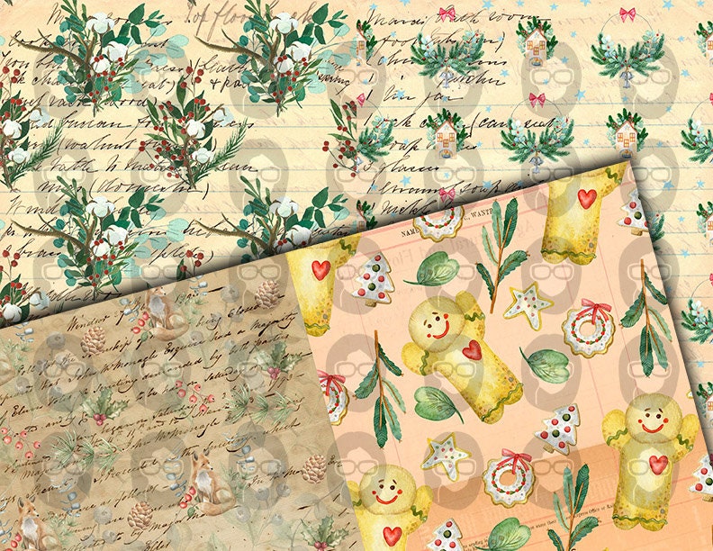 Christmas Junk Journal Pages, Winter digital paper -14pg Digital Download- Poinsettia background,Printable Vintage Christmas,Scrapbook paper