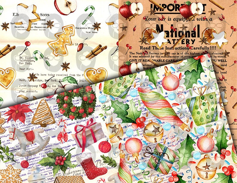 Christmas Junk Journal Pages, Winter digital paper -14pg Digital Download- Poinsettia background,Printable Vintage Christmas,Scrapbook paper
