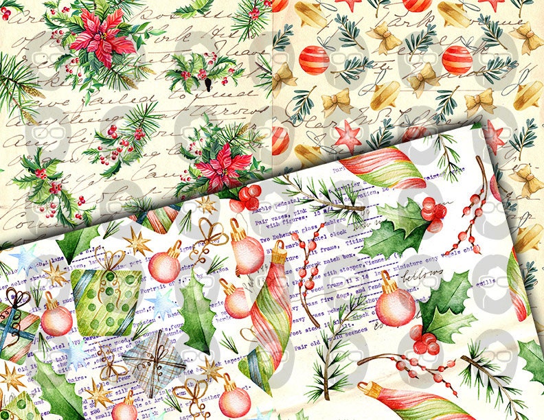 Christmas Junk Journal Pages, Winter digital paper -14pg Digital Download- Poinsettia background,Printable Vintage Christmas,Scrapbook paper