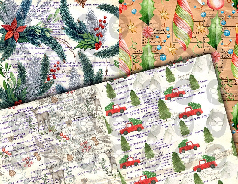 Christmas Junk Journal Pages, Winter digital paper -14pg Digital Download- Poinsettia background,Printable Vintage Christmas,Scrapbook paper