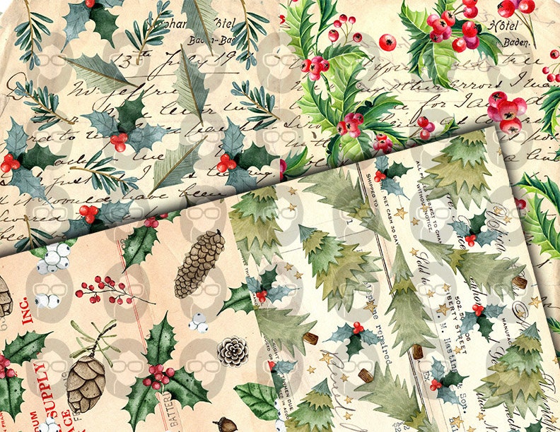 Christmas Junk Journal Pages, Winter digital paper -14pg Digital Download- Poinsettia background,Printable Vintage Christmas,Scrapbook paper