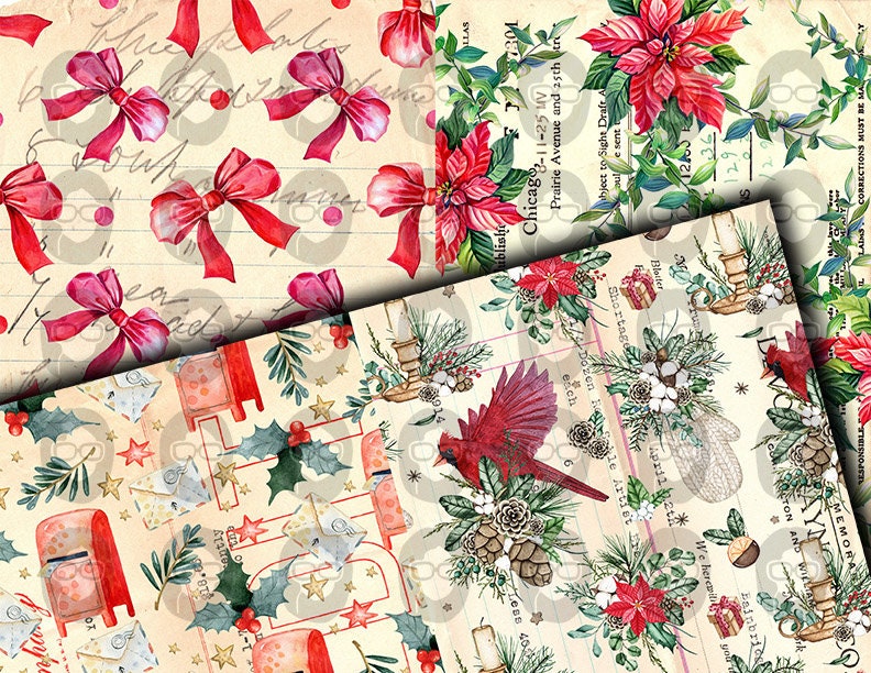 Christmas Junk Journal Pages, Winter digital paper -14pg Digital Download- Poinsettia background,Printable Vintage Christmas,Scrapbook paper