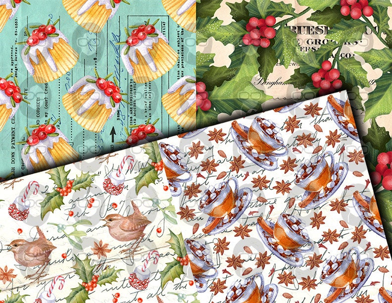 Christmas Junk Journal Pages, Winter digital paper -14pg Digital Download- Poinsettia background,Printable Vintage Christmas,Scrapbook paper