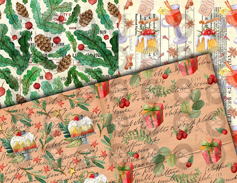 Christmas Junk Journal Pages, Winter digital paper -14pg Digital Download- Poinsettia background,Printable Vintage Christmas,Scrapbook paper