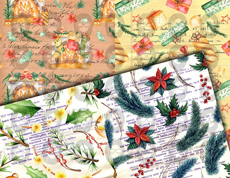 Christmas Junk Journal Pages, Winter digital paper -14pg Digital Download- Poinsettia background,Printable Vintage Christmas,Scrapbook paper
