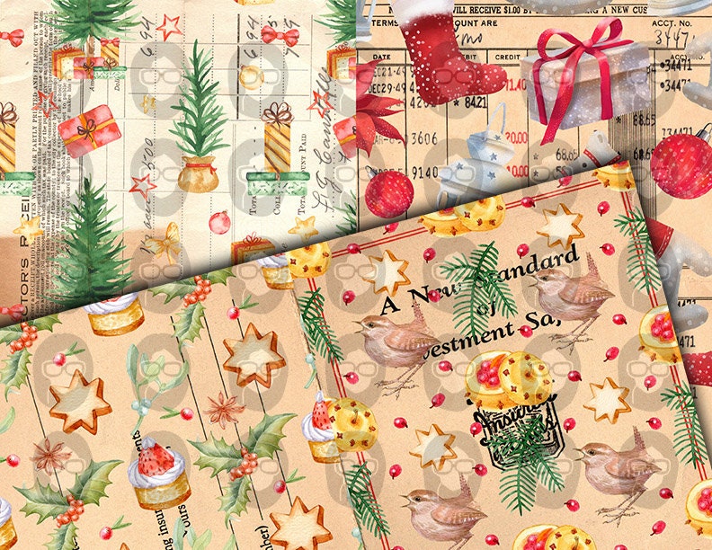 Christmas Junk Journal Pages, Winter digital paper -14pg Digital Download- Poinsettia background,Printable Vintage Christmas,Scrapbook paper