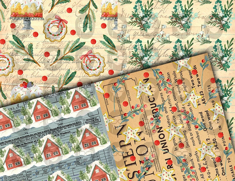 Christmas Junk Journal Pages, Winter digital paper -14pg Digital Download- Poinsettia background,Printable Vintage Christmas,Scrapbook paper