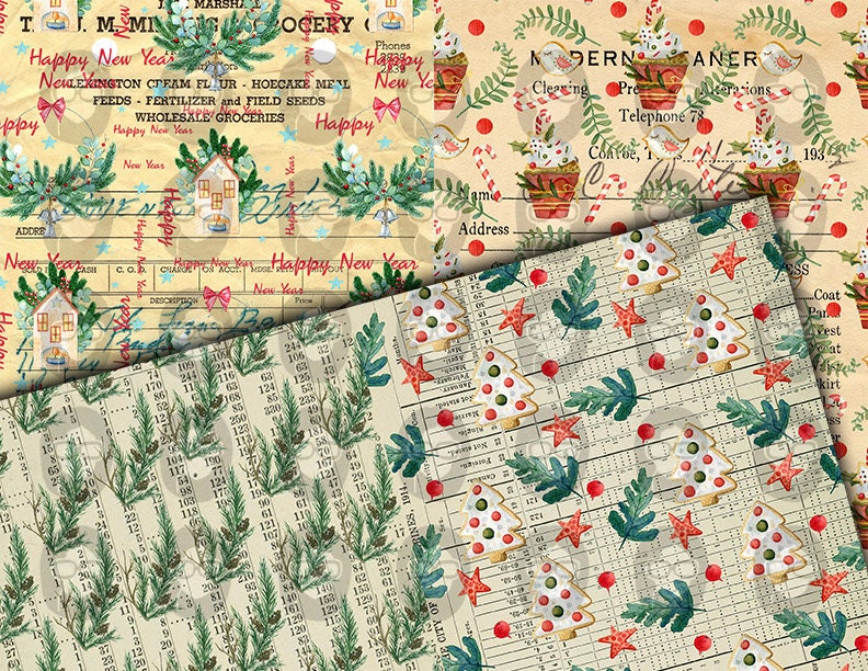 Christmas Junk Journal Pages, Winter digital paper -14pg Digital Download- Poinsettia background,Printable Vintage Christmas,Scrapbook paper