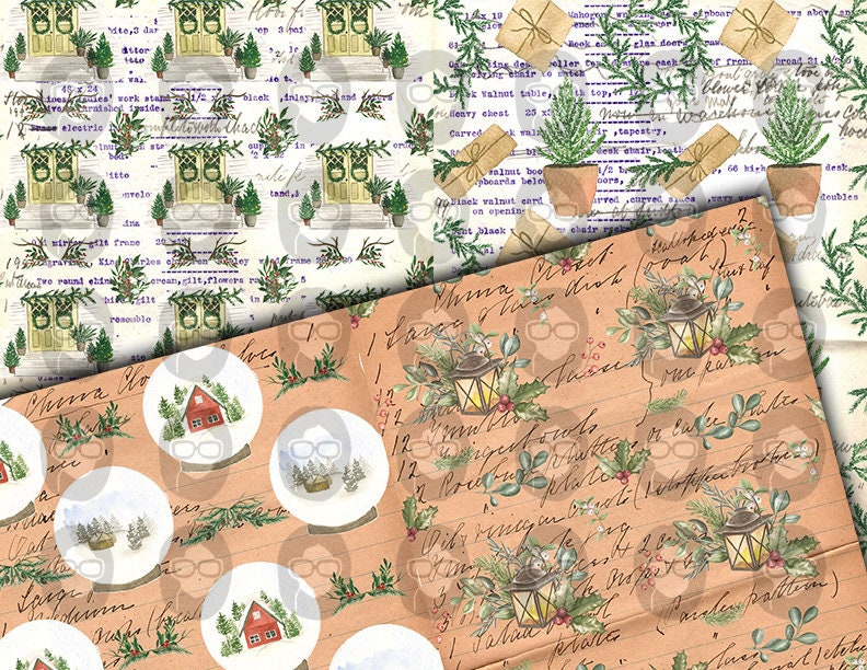 Christmas Junk Journal Pages, Winter digital paper -14pg Digital Download- Poinsettia background,Printable Vintage Christmas,Scrapbook paper