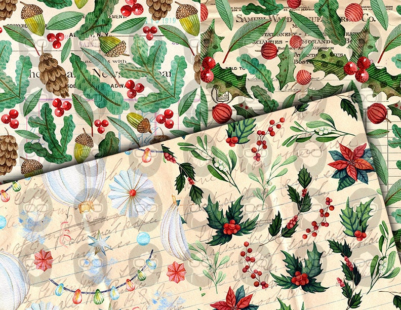 Christmas Junk Journal Pages, Winter digital paper -14pg Digital Download- Poinsettia background,Printable Vintage Christmas,Scrapbook paper