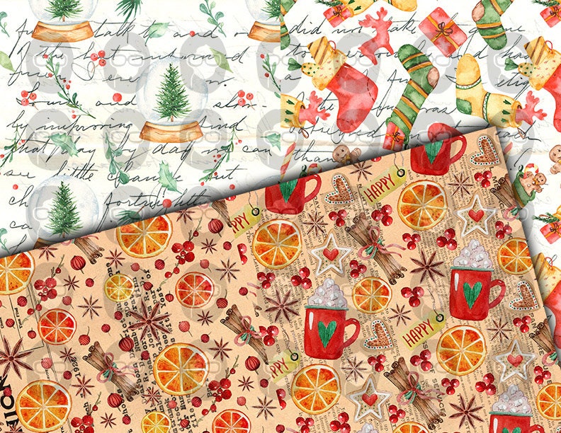 Christmas Junk Journal Pages, Winter digital paper -14pg Digital Download- Poinsettia background,Printable Vintage Christmas,Scrapbook paper