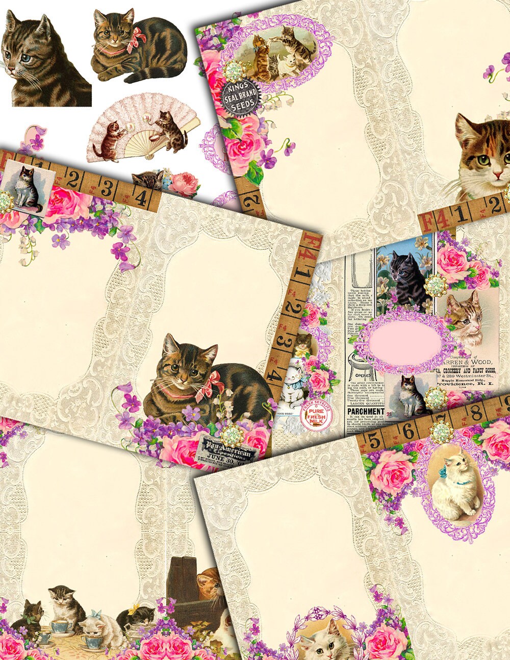 Cat Junk Journal Kit - Kitten Memoirs Ephemera Pack - 15 Pg Instant Download - vintage paper digital kit, fussy cut images, journal cards
