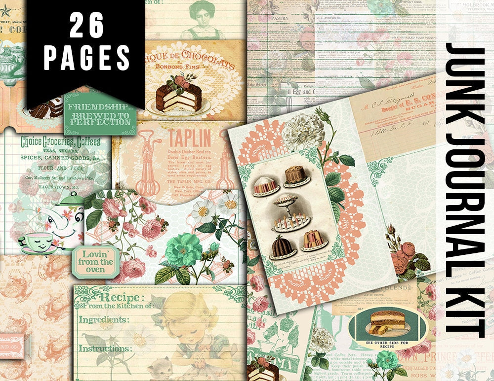 DIY Journal - Tea Party Desserts - 26pg Digital Download- vintage junk journal, floral digital paper, junk journal kit, ephemera kit, coffee