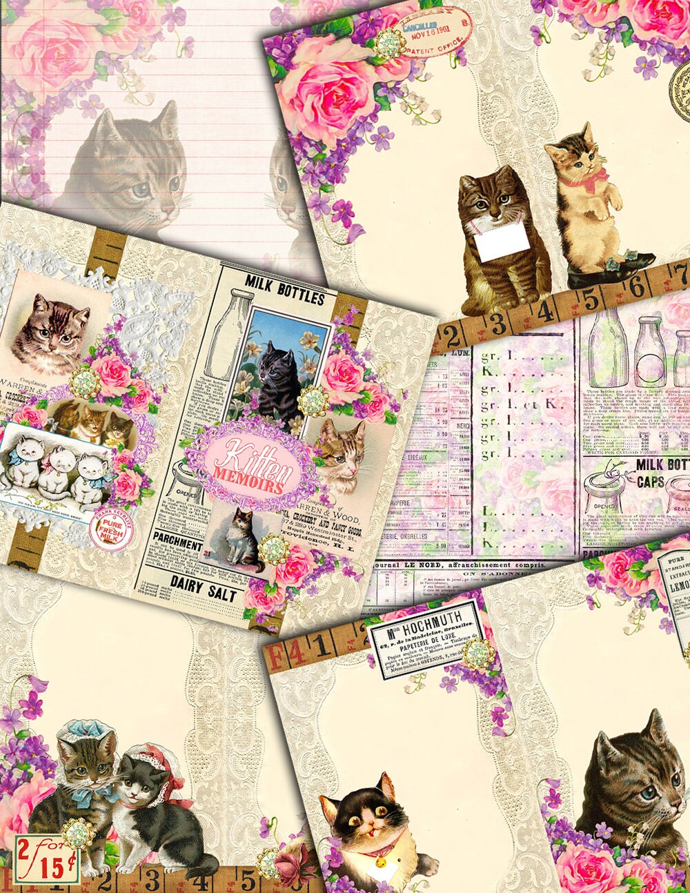 Cat Junk Journal Kit - Kitten Memoirs Ephemera Pack - 15 Pg Instant Download - vintage paper digital kit, fussy cut images, journal cards
